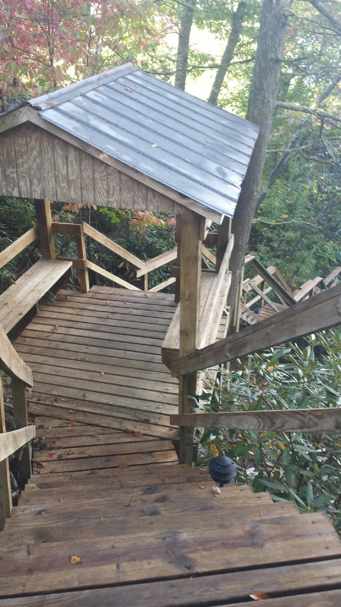 Metal roofed shelter over wooden steps on a wooded walkway — Skylight Repair & Installation work by our crew in Reddick